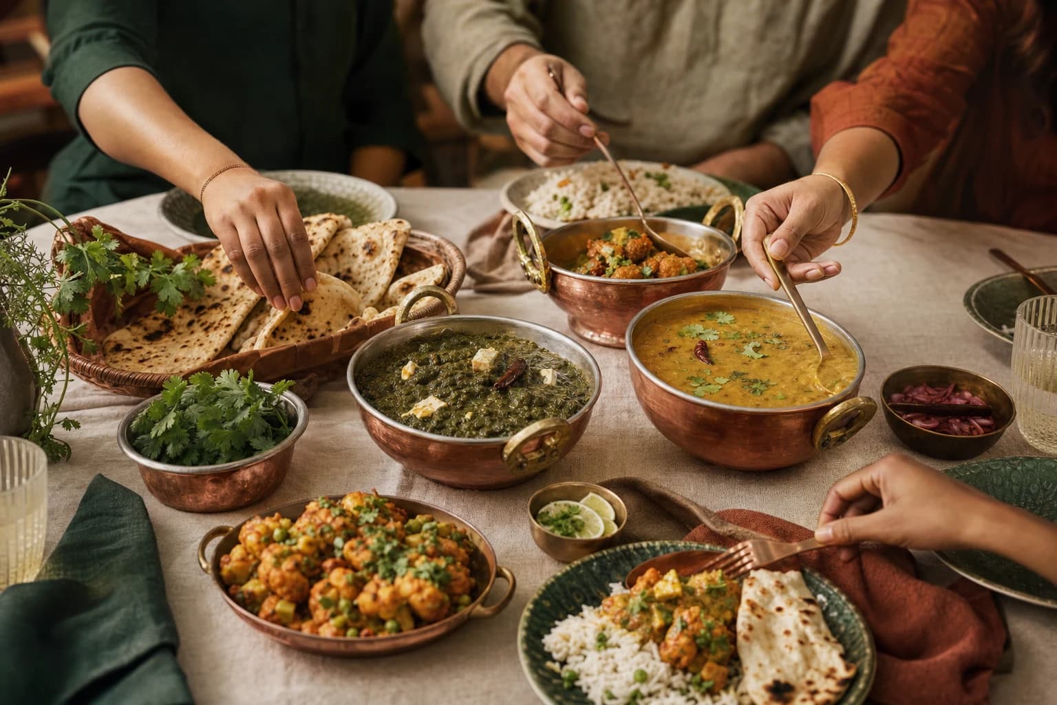Family-style Indian meal being shared around a dining table